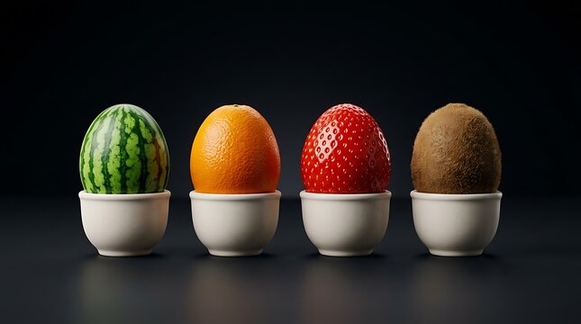 Empat telur buah berbeda rasa dan tekstur dalam cangkir kecil di latar belakang gelap