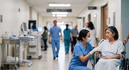 Fototapeta premium Nurse attending to a patient in a wheelchair in a hospital hallway