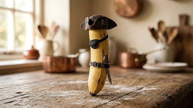 Pisang dengan Aksesori Topi dan Kalung Pirata di Meja Kayu Rustic