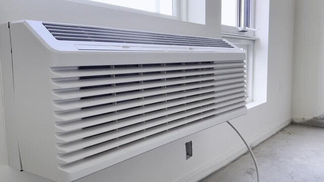 White wall vent unit near a window in an interior room.