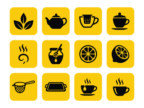 Tea Icons Set Yellow Background.