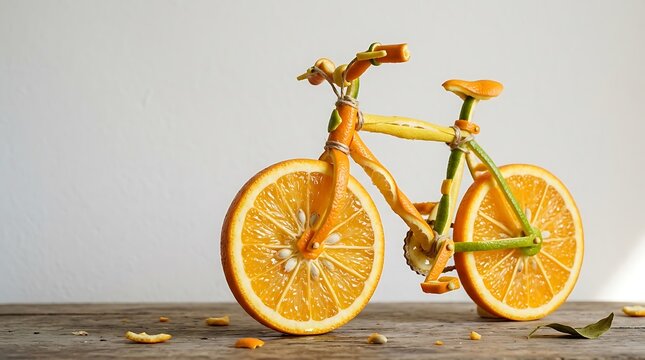 Sepeda dari irisan jeruk segar dengan rangka dan roda berbentuk buah jeruk