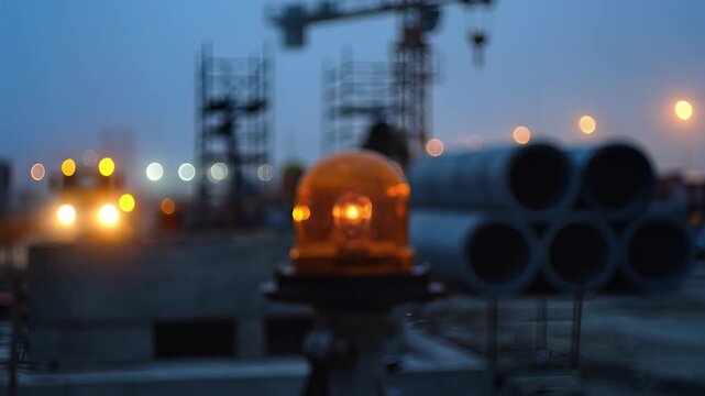 Construction Site Warning Light Blinking at Dusk with Crane and Pipes.