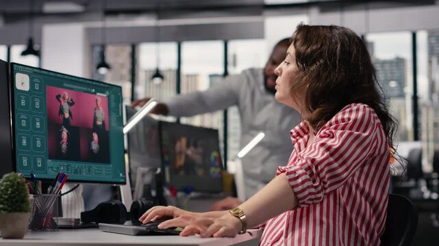Text to image generating, portrait editor, AI generative models, for editorial content, advertising agency worker using virtual assistant chatbot to generate materials for post production.