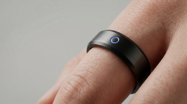 Smart Ring Wearable Technology on Finger with Glowing Blue LED Indicator for Health Tracking and Biometrics