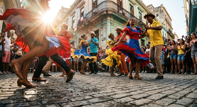 People dancing in traditional colorful dresses on a cobblestone street
