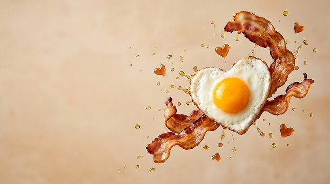 Telur mata sapi berbentuk hati dengan bacon dan tetesan saus di latar belakang beige