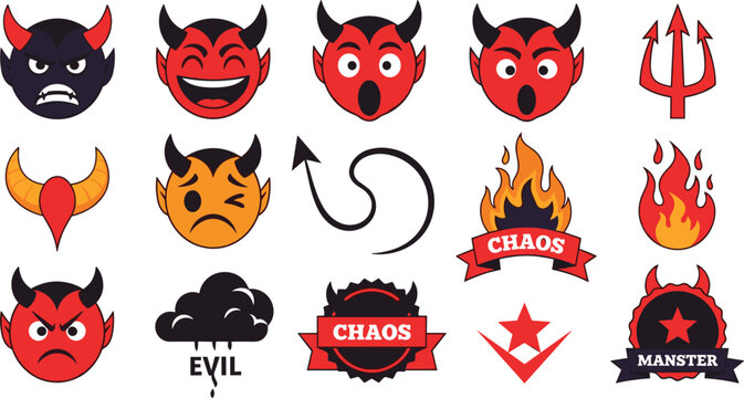 Devil Demon Mascot Icons Set with Chaos Evil Fire Symbols