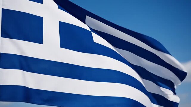 Greek Flag Waving Gracefully Against a Clear Blue Sky.