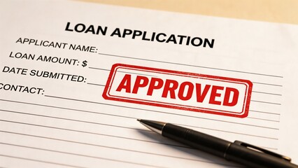 Fototapeta premium A loan application form with an approved stamp and a pen on a wooden desk, symbolizing financial success and stability.