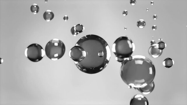 Clear, reflective water or glass bubbles float against a light grey, gradient background. The monochrome, high-contrast aesthetic gives a clean, industrial, or scientific laboratory feel suitable for 