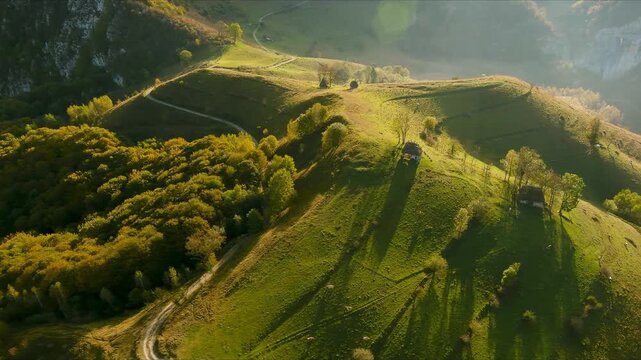 Aerial view of rolling green hills with a winding dirt road and traditional wooden huts during golden hour in Salciua de Jos, Alba County, Romania.
