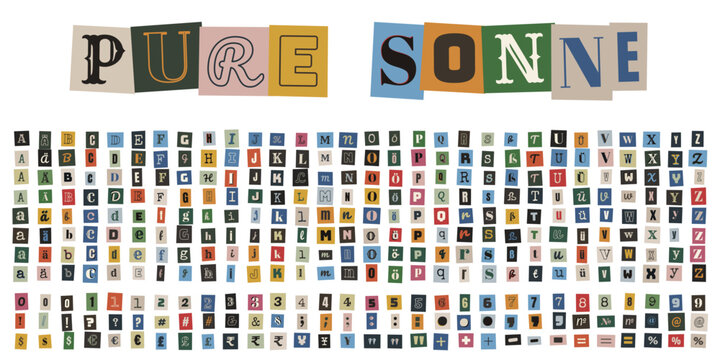 Alphabet und Zahlen Set im Stil von Erpresserbriefen fuer kreative Collagen und anonyme Botschaften