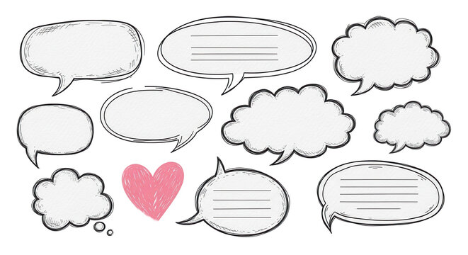 Hand drawn speech bubbles with heart isolated on transparent background, playful comic set for messages, stickers, social posts and creative communication design.