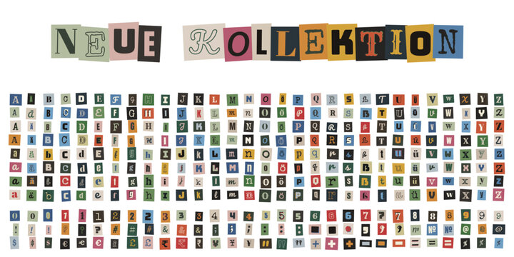Bunte Buchstaben im Erpresserbrief-Stil, Vintage Magazin Ausschnitte f&uuml;r kreative Collagen