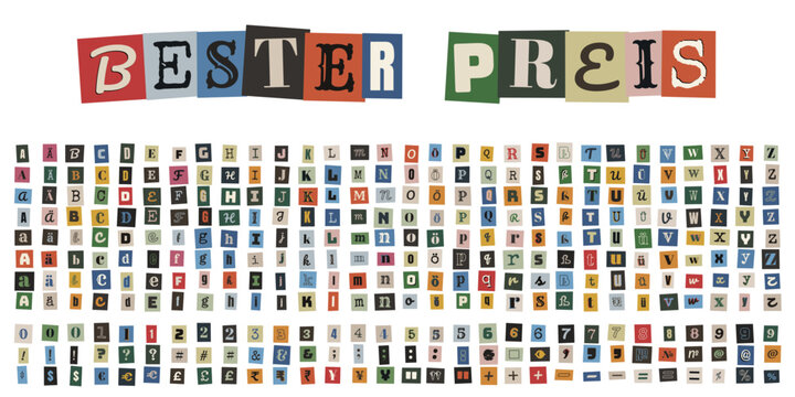 Bester Preis Ransom Note Schriftzug mit bunten Erpresserbrief Buchstaben und Zahlen Set