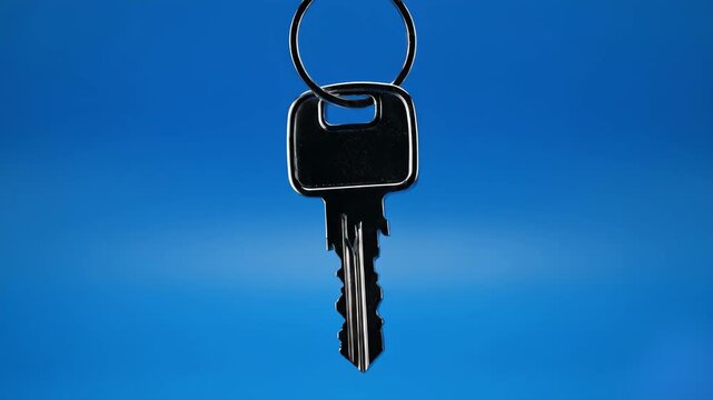 A close-up shot displays a classic metal door key on a ring against a solid blue background. Great for real estate, security systems, home ownership, and access control visual projects.