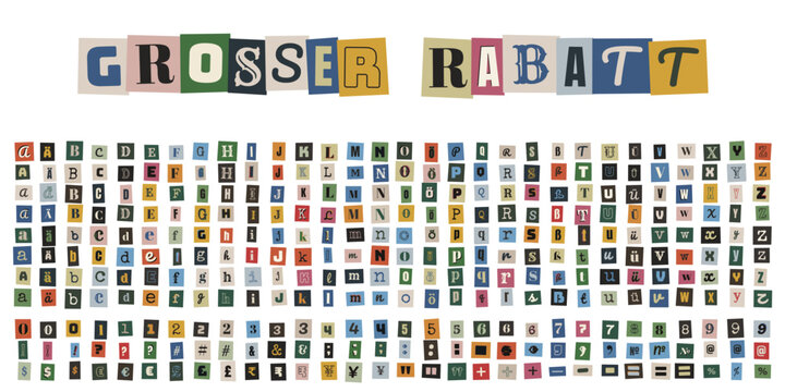 Grosser Rabatt Schriftzug im bunten Erpresserbrief Stil aus Magazin Buchstaben