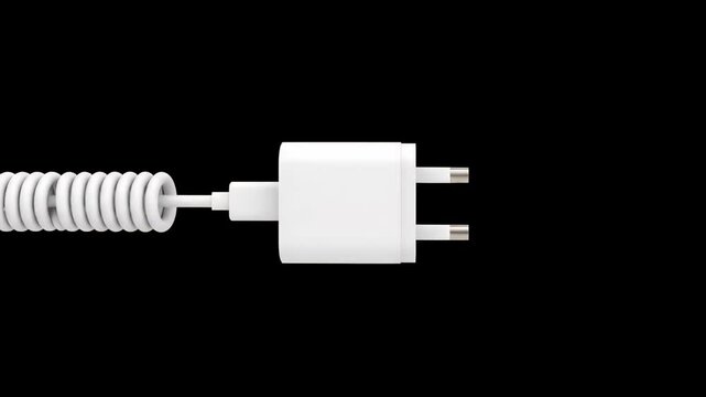 A sleek 3D animated loop featuring a white smartphone wall charger unit spinning smoothly against a solid black background. Ideal for premium cinematic hardware intros, tech product presentations, and