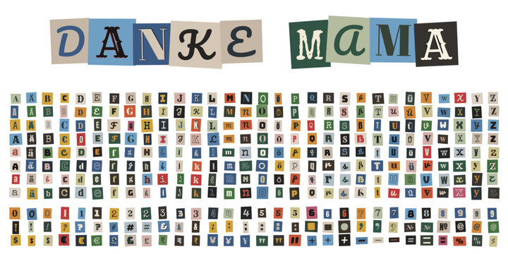 Erpresserbrief Alphabet Set, Danke Mama Schriftzug aus Zeitungsausschnitten, Ransom Note Buchstaben