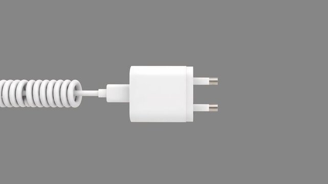 A white USB power adapter with a European plug and cable is shown floating against a neutral gray background. This 3D model is perfect for electronics reviews, tech tutorials, or e-commerce product pr