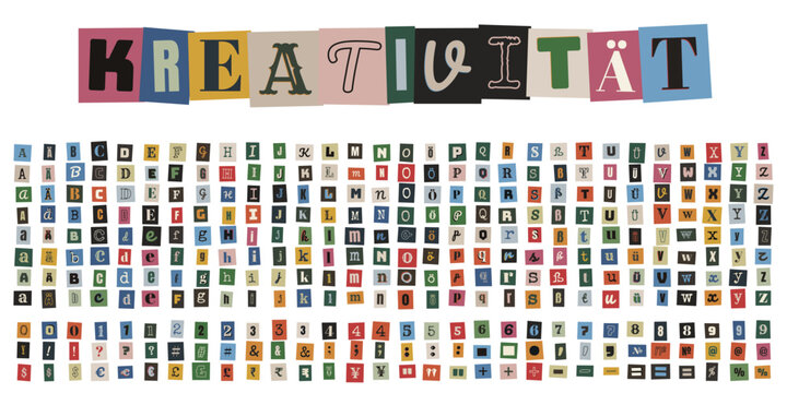 Kreativit&auml;t Wort aus bunten ausgeschnittenen Buchstaben im Erpresserbrief-Stil f&uuml;r Collagen