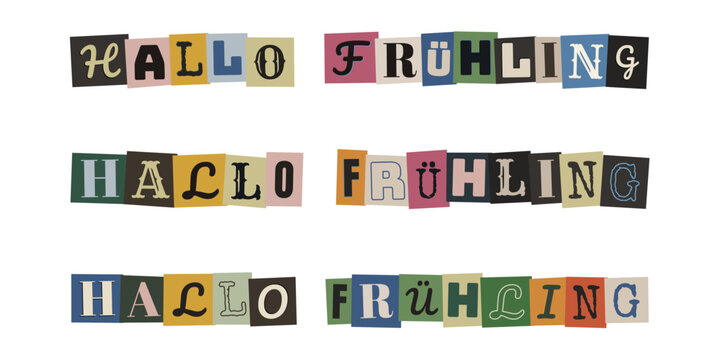 Hallo Fr&uuml;hling Schriftzug im Erpresserbrief Stil, Bunte Buchstaben Collagen f&uuml;r Fr&uuml;hlingsanfang
