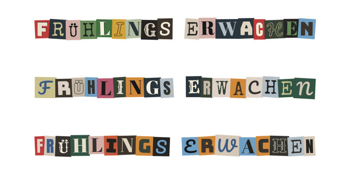 Fr&uuml;hlingserwachen Schriftzug im Erpresserbrief Stil, bunte Buchstaben Collage, Fr&uuml;hlingsanfang Dekoration