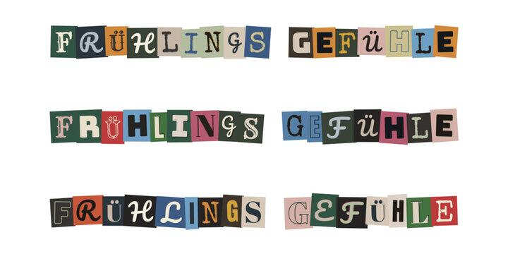 Fruehlingsgefuehle Schriftzug im Retro Collage Stil Erpresserbrief Optik fuer kreative Fruehlingsgruesse