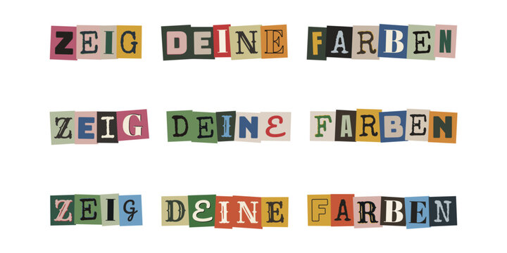Zeig deine Farben Schriftzug Collage f&uuml;r Diversit&auml;t Inklusion und LGBTQ Stolz