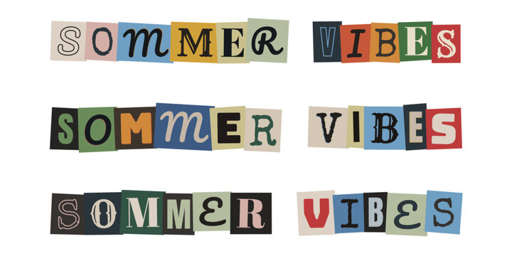 Sommer Vibes Schriftzug im bunten DIY Collage Bastelstil, Retro Magazin Ausschnitte