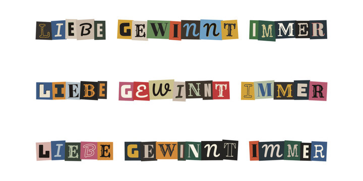 Liebe gewinnt immer Erpresserbrief Stil Collage, bunte Buchstaben auf weissem Hintergrund