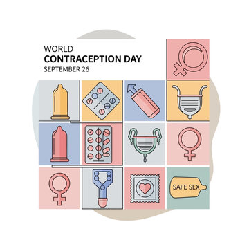 A graphic celebrating World Contraception Day on September 26, featuring a grid of icons representing various birth control methods and safe sex practices.