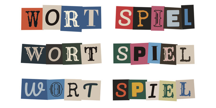 Wortspiel Schriftzug im Erpresserbrief Stil, kreatives Wortspiel Design fuer Raetsel und Spiele