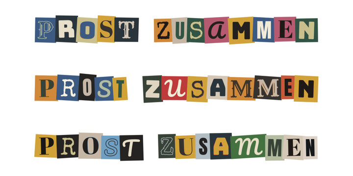 Prost zusammen Schriftzug im Erpresserbrief-Stil f&uuml;r digitale Teamevents und Feierabendbier