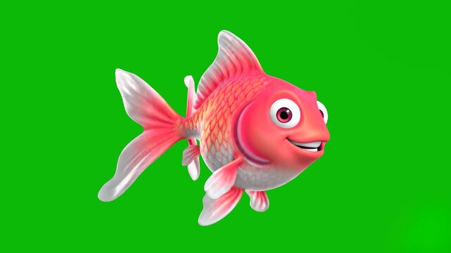 A charming 3D animation of a pink-scaled goldfish character performing a celebratory dance routine. The asset features expressive eyes and a friendly smile, isolated on a chroma key green screen with 