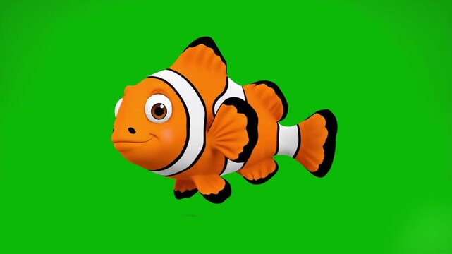 A professional 3D animation of a vibrant orange and white clownfish character performing a fun, rhythmic dance routine. This asset is isolated on a chroma key green screen for seamless integration and