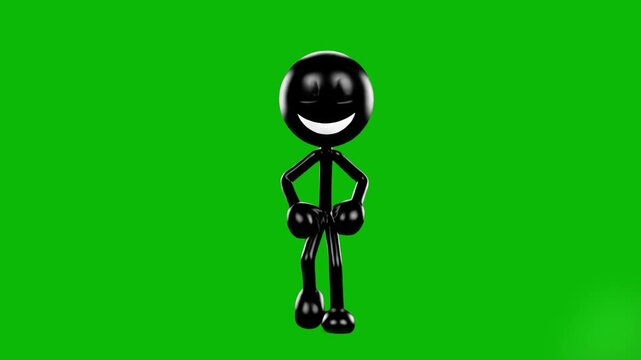 A high-quality 3D animation of a glossy black stickman character with a large white smile performing an energetic dance. Isolated on a chroma key green screen, this versatile character is optimized fo