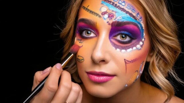 A woman's face has a partial Day of the Dead style makeup applied. A brush is adding more