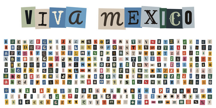 Alfabeto de recortes de periodico estilo nota de rescate viva mexico