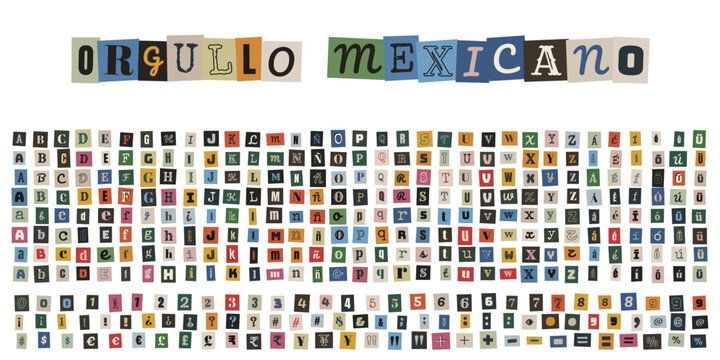 Alfabeto completo de recortes estilo collage con frase Orgullo Mexicano y n&uacute;meros