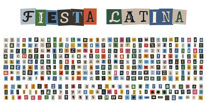 Alfabeto de recortes estilo nota de rescate para dise&ntilde;o de carteles de fiesta latina y eventos culturales