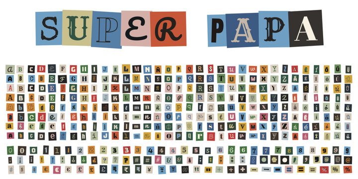 Alfabeto de letras recortadas estilo nota de rescate para manualidades del dia del padre super papa