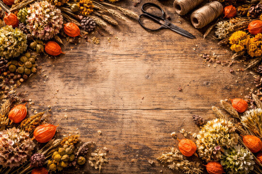 Beautiful arrangement of dried flowers and crafting materials on