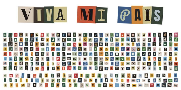 Alfabeto de recortes estilo nota de rescate con frase Viva mi pais para dise&ntilde;o de identidad nacional