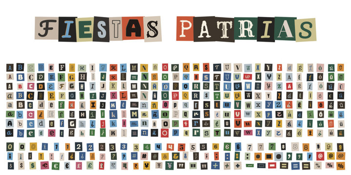 Alfabeto de recortes de revista para dise&ntilde;o de carteles de fiestas patrias y celebraciones nacionales