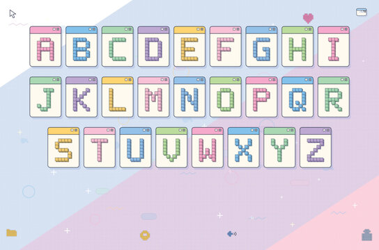 Pixel art alphabet set in pastel browser windows, retro 8-bit letter collection, cute aesthetic computer interface typography vector for gaming