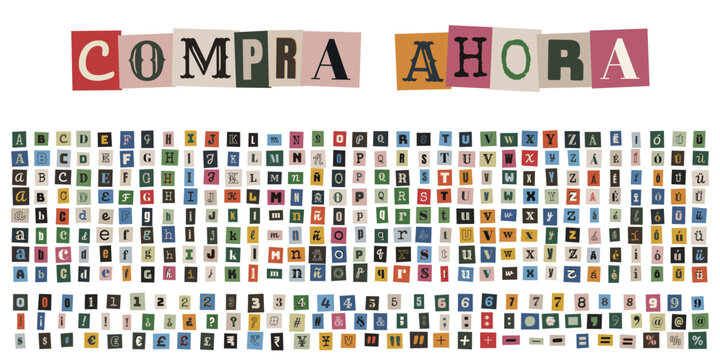 Alfabeto de recortes estilo nota de rescate para marketing de guerrilla y collage punk