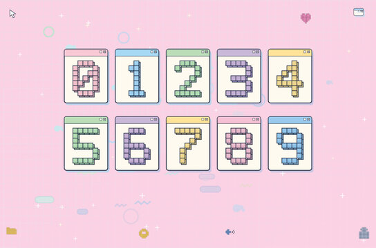 Kawaii pixel art numbers set in browser windows, pastel aesthetic 0-9 digit collection, cute retro gaming typography for web design