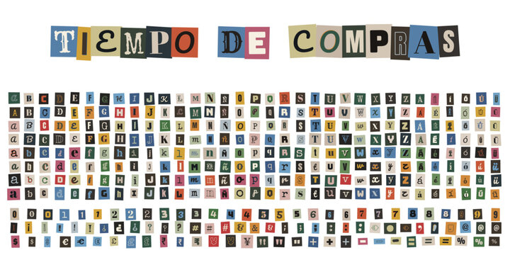 Alfabeto de recortes de revista estilo nota de rescate con frase tiempo de compras para dise&ntilde;o creativo